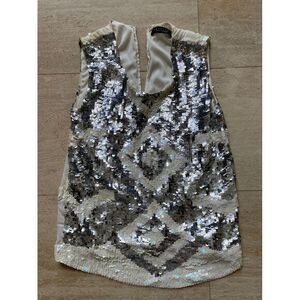 Twin-Set Silver Sequin V-Neck Tank Top Party Evening Sleeveless‎ Blouse M